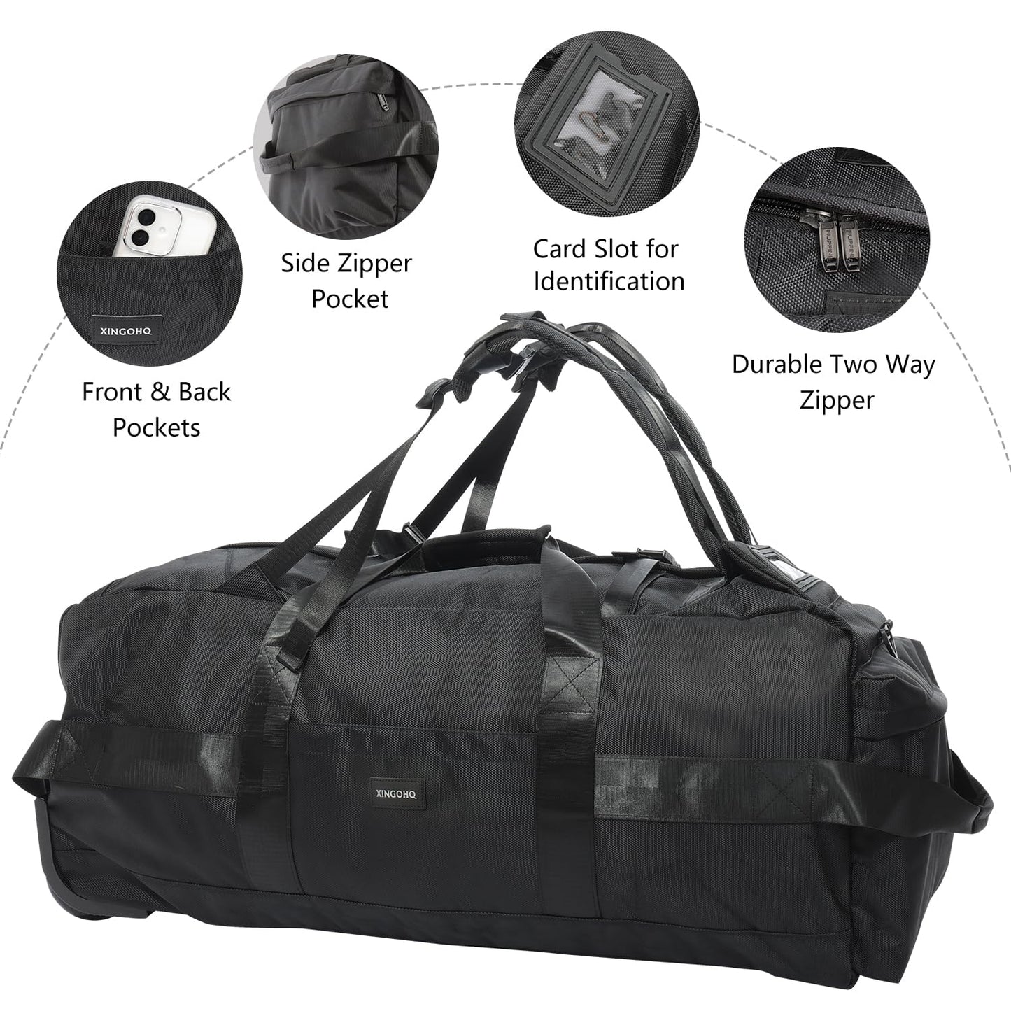 XINGOHQ 80L Rolling Duffle Bag with Wheels - Heavy-Duty 33.5" Foldable Duffel, Water-Resistant Wheeled Luggage with Shoulder Straps for Camping, Gym, Airplane (Black)