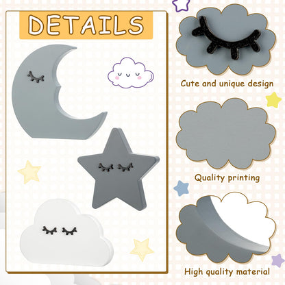 Briwooody 3 Pcs Moon Stars and Cloud Celestial Nursery Decor Bohemian Wood Nursery Shelves Decoration Wooden Nordic Boho Baby Wall Adornment for Bedroom Wedding Baby Shower Boys Girls Kids