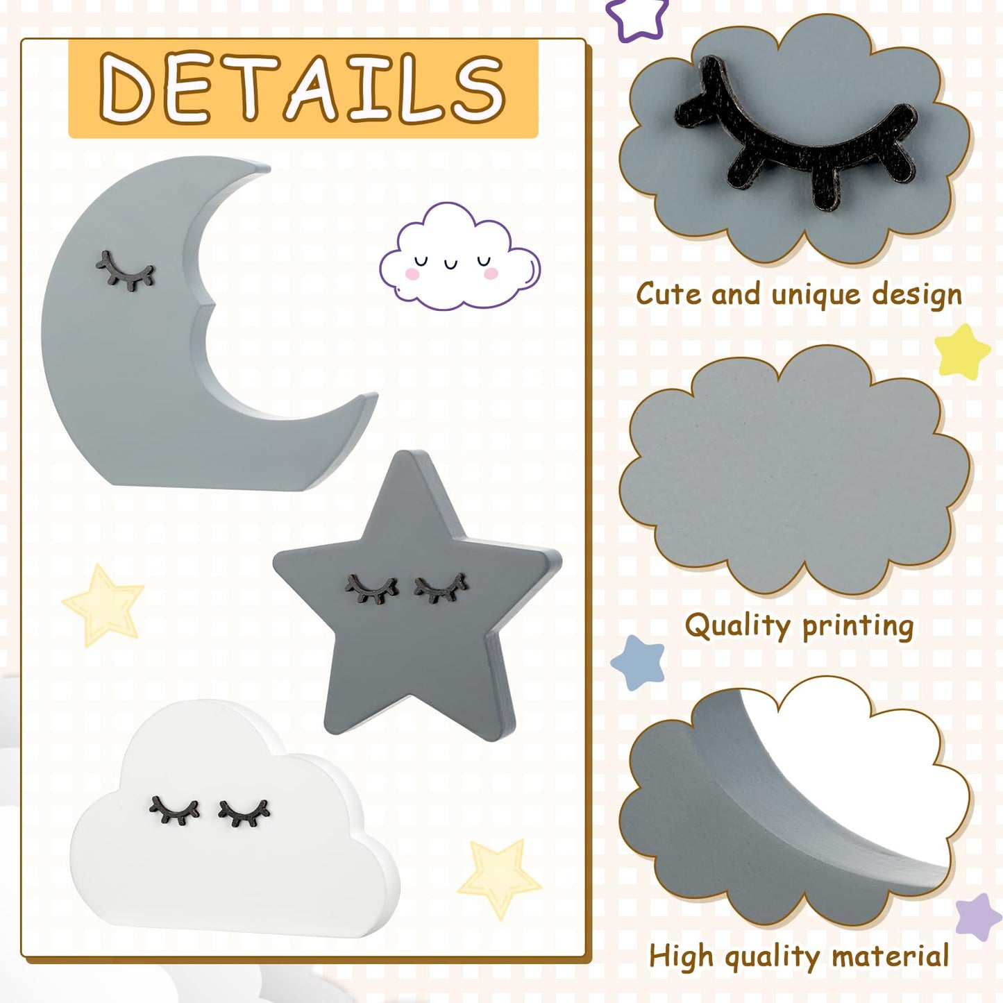 Briwooody 3 Pcs Moon Stars and Cloud Celestial Nursery Decor Bohemian Wood Nursery Shelves Decoration Wooden Nordic Boho Baby Wall Adornment for Bedroom Wedding Baby Shower Boys Girls Kids