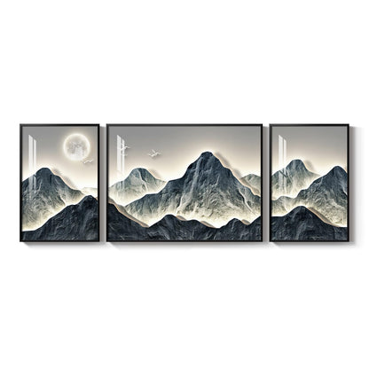 Framed Modern Mountain Wall Art for Living Room, 3 Piece Blue Luxury Bright Style Painting Prints, Landscape Moon Artwork for Dining Room Hallway Home Office Wall Decor