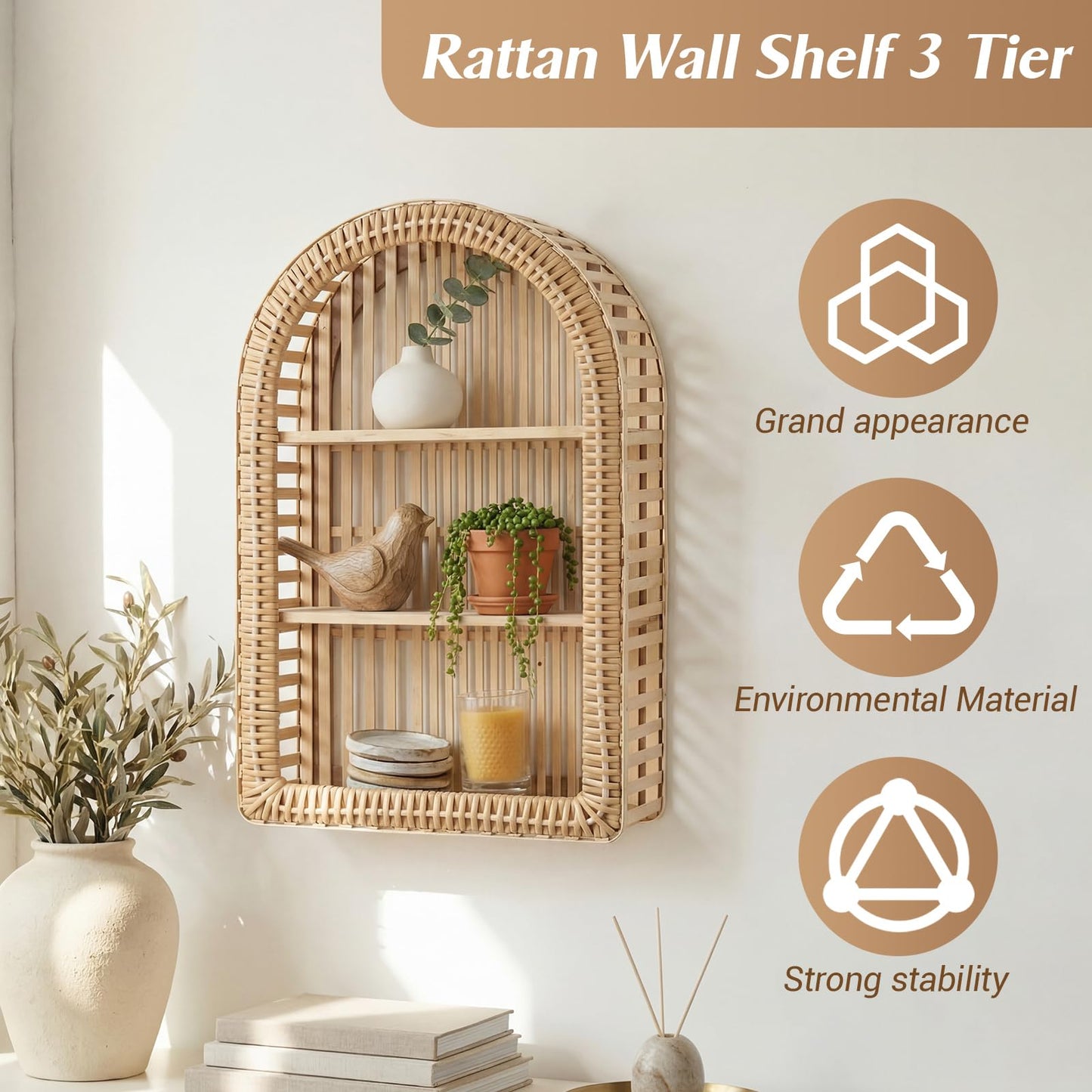 Pinkunn 20'' x 12'' 3 Tier Rattan Wall Shelf Boho Arch Hanging Shelves Arched Wall Mounted Wicker Shelf Decorative Farmhouse Handcraft Floating Storage Display Rack for Bathroom Living Room Decor
