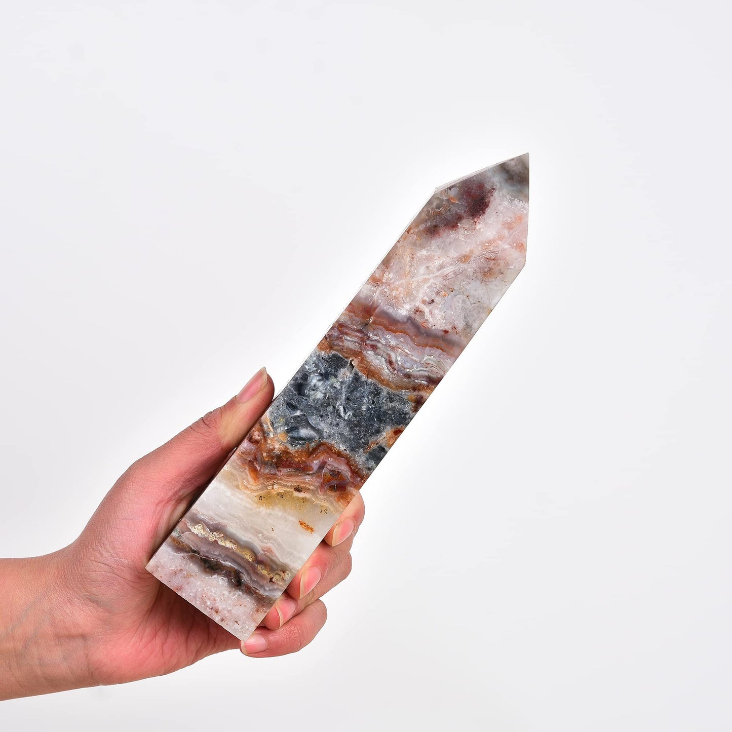 JIC Gem Large Gemstone Healing Crystal Points Wand Striped Agate Single Terminated Healing Crystal Obelisk Tower Wand Decor Chakra Stone 1.8-2.2 Lbs