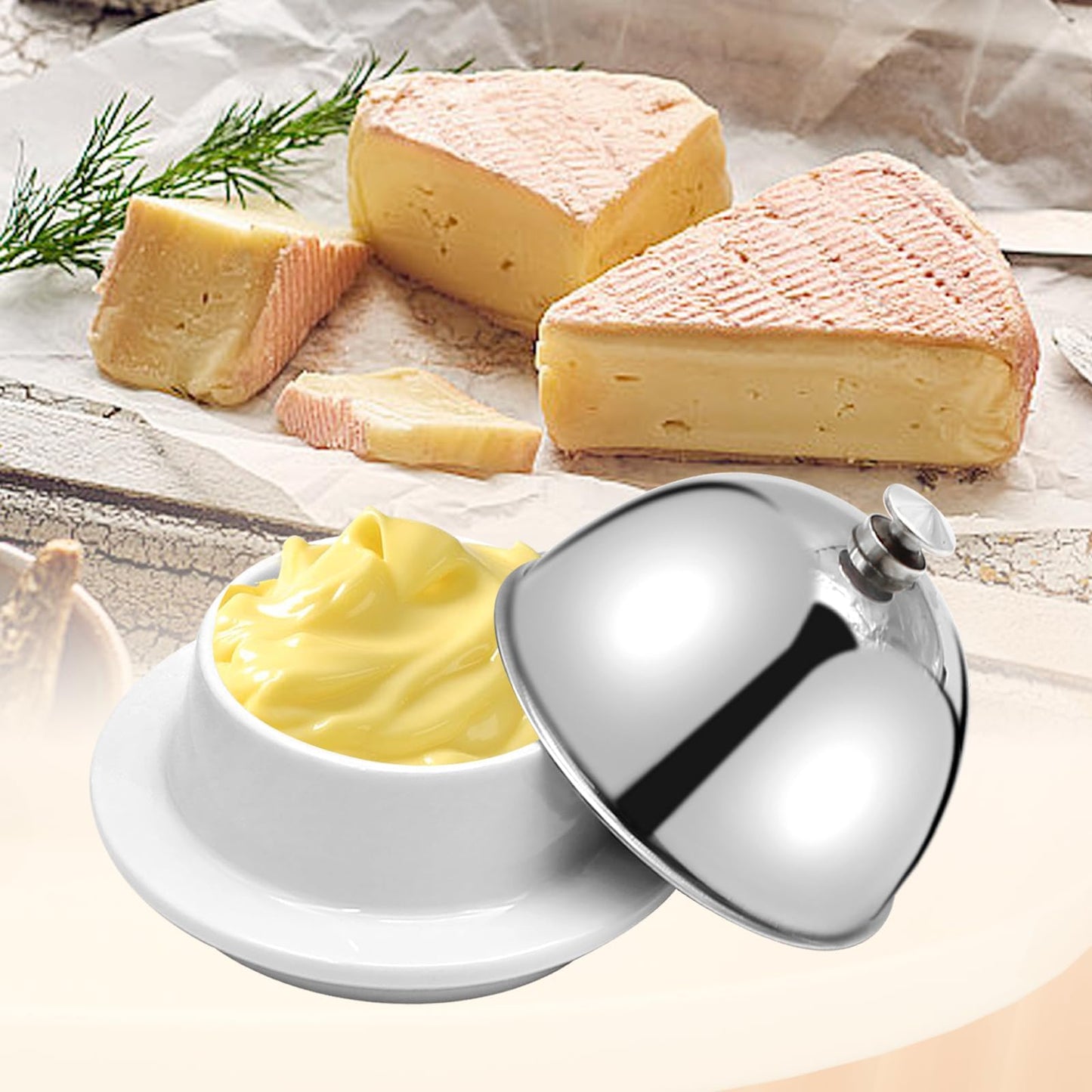 EATAKWARD Ceramic Butter Dish with Stainless Dome Cover, Cheese Dish with Lid, Small Cheese Plate Serving Tray with Silver Handled Lid for Countertop, Dessert, Cupcake, Cream Cake, Appetizer