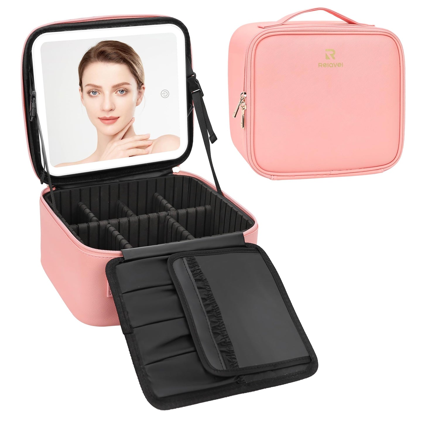 Relavel Travel Makeup Bag With LED Mirror, Cosmetic Train Case with Light up Mirror, Portable Makeup Artist Organizer Bag with Adjustable Dividers, Makeup Brush Holder Storage, Black