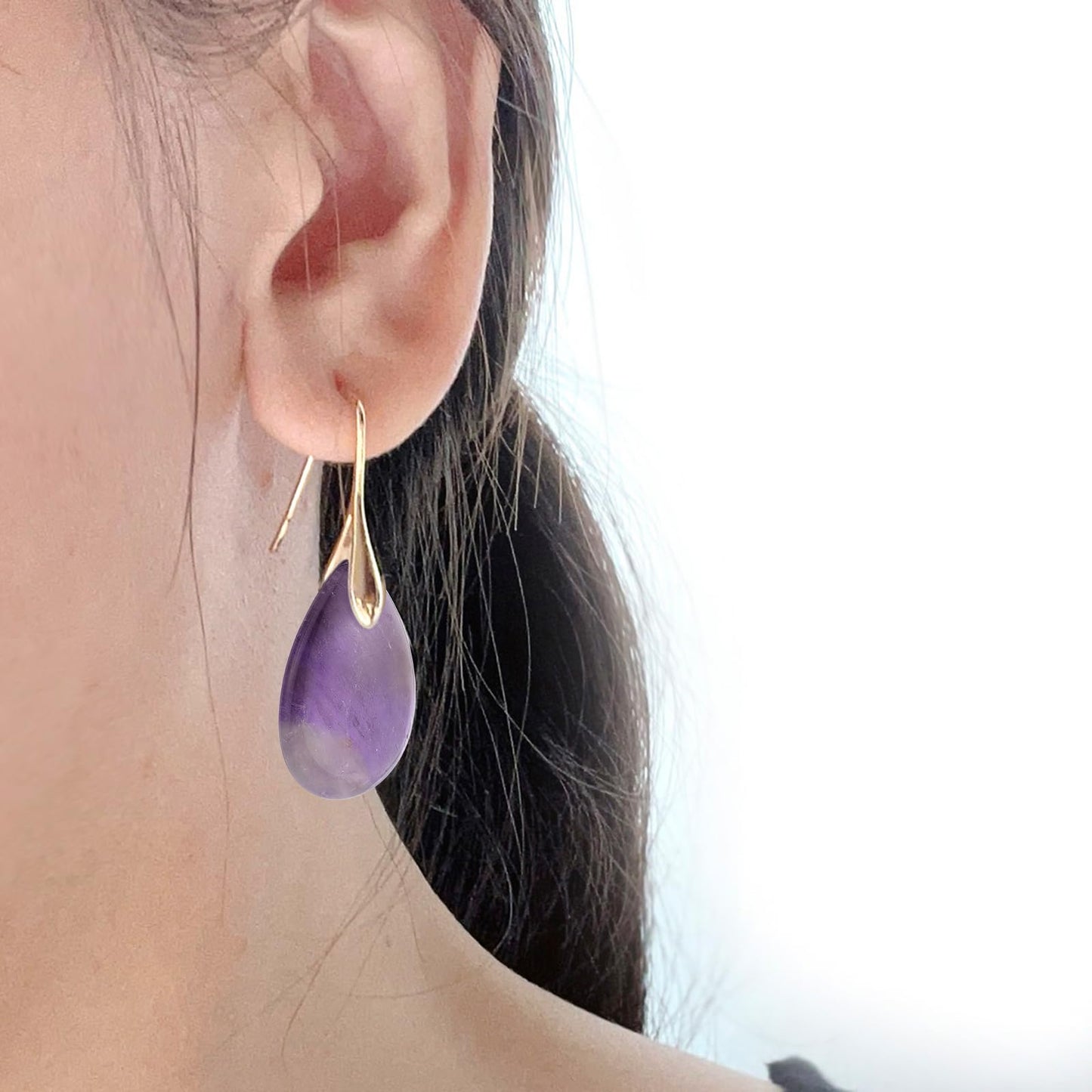 SELOVO Purple Teardrop Agate Stone Fishhook Red Stone Dangle Drop Earrings Gold Tone