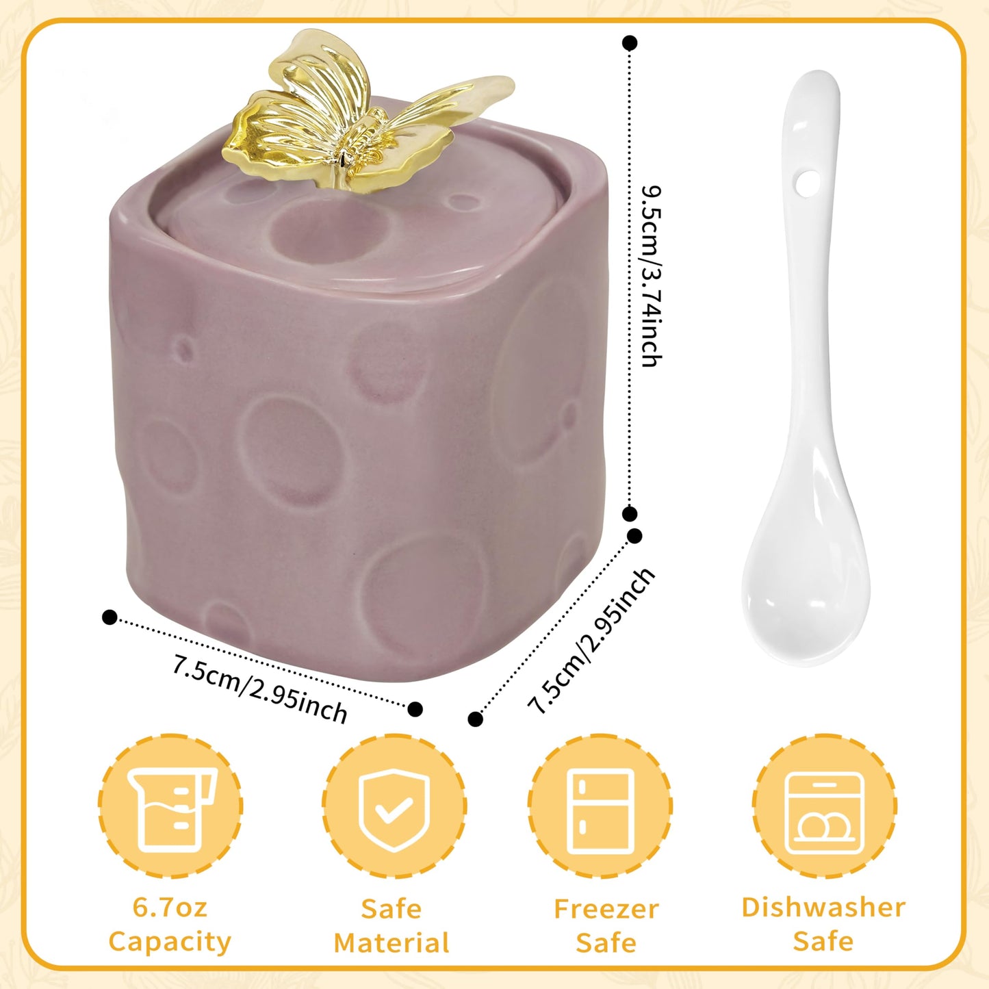 BarroSol Ceramic Sugar Container, 6.7ounce Sugar Bowl with Lid and Spoon,Sugar Jar with 3D Golden Butterfly Decoration for Coffee, Salt, Spices,Sugar Holder for Coffee Station Accessories,Purple