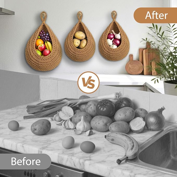 Hanging Fruit Baskets for Kitchen, 3 Pack Boho Cotton Rope Handwoven Vegetable