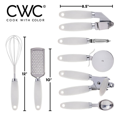 COOK WITH COLOR Kitchen Gadget Set Stainless Steel Utensils with Soft Touch Handles, 7 Pieces, Stainless Steel White