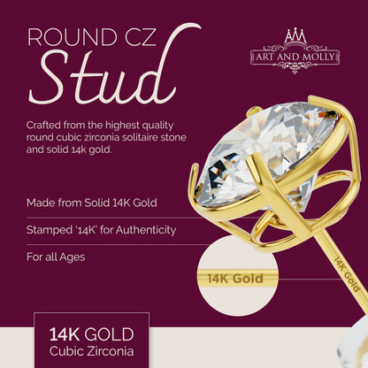 Solid 14k Yellow Gold Solitaire Round Cubic Zirconia CZ Stud Earrings with 14k Gold Butterfly Push Backings