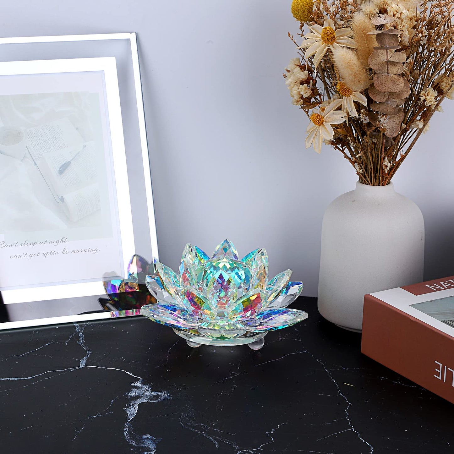 OwnMy Sparkle Crystal Lotus Flower Figurines Decorative Lotus Flower Ornament, 5 Inch Glass Lotus Feng Shui Decor Crystal Flower Paperweight for Home Office Tabletop Centerpieces