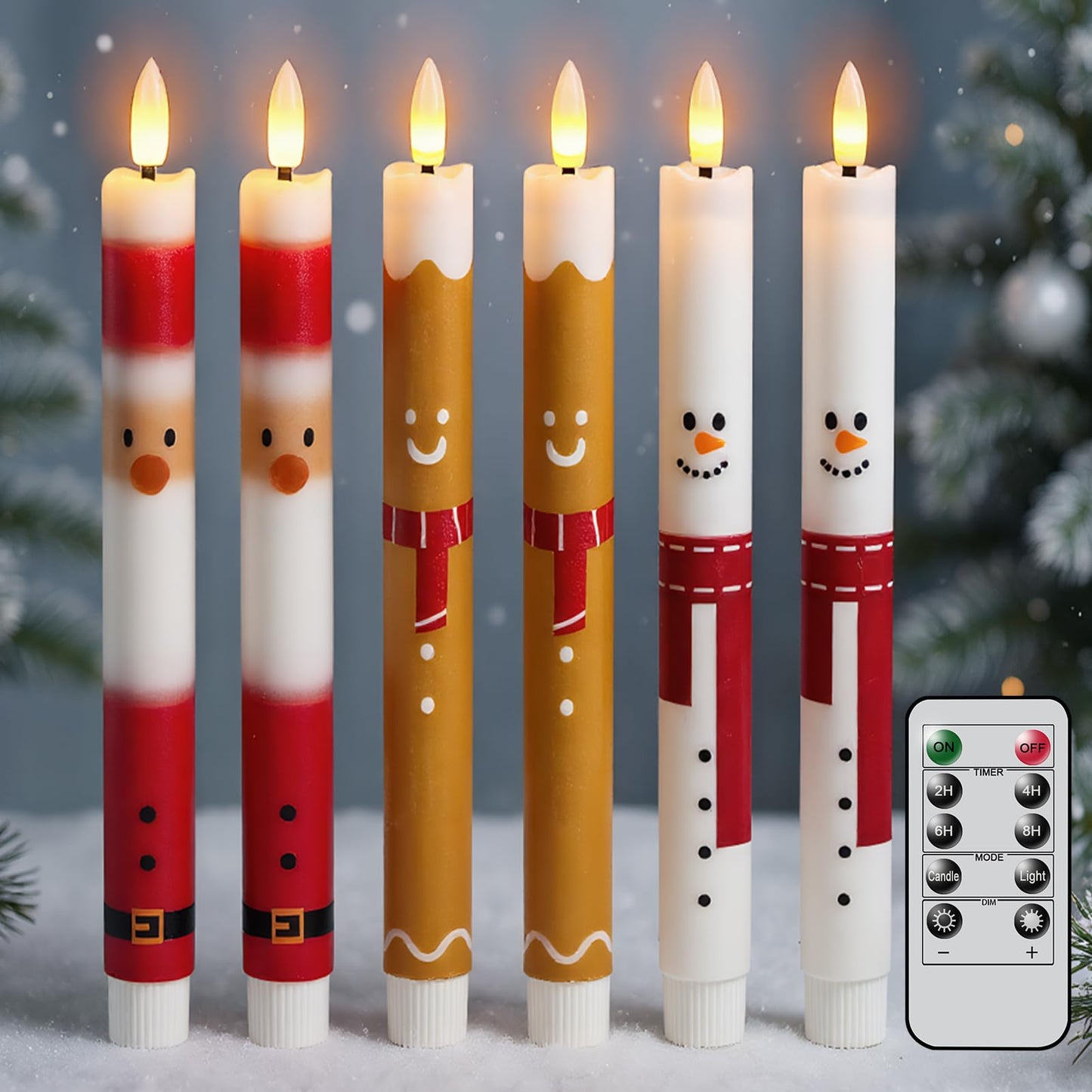 KunSwenn Christmas Flameless Taper Candles, Taper Candles Battery Operated with Remote, 6 Pcs LED Candlesticks with Santa Gingerbread Man Snowman Pattern for Christmas Holiday Decor(Waxy, 0.78”x9.7”)