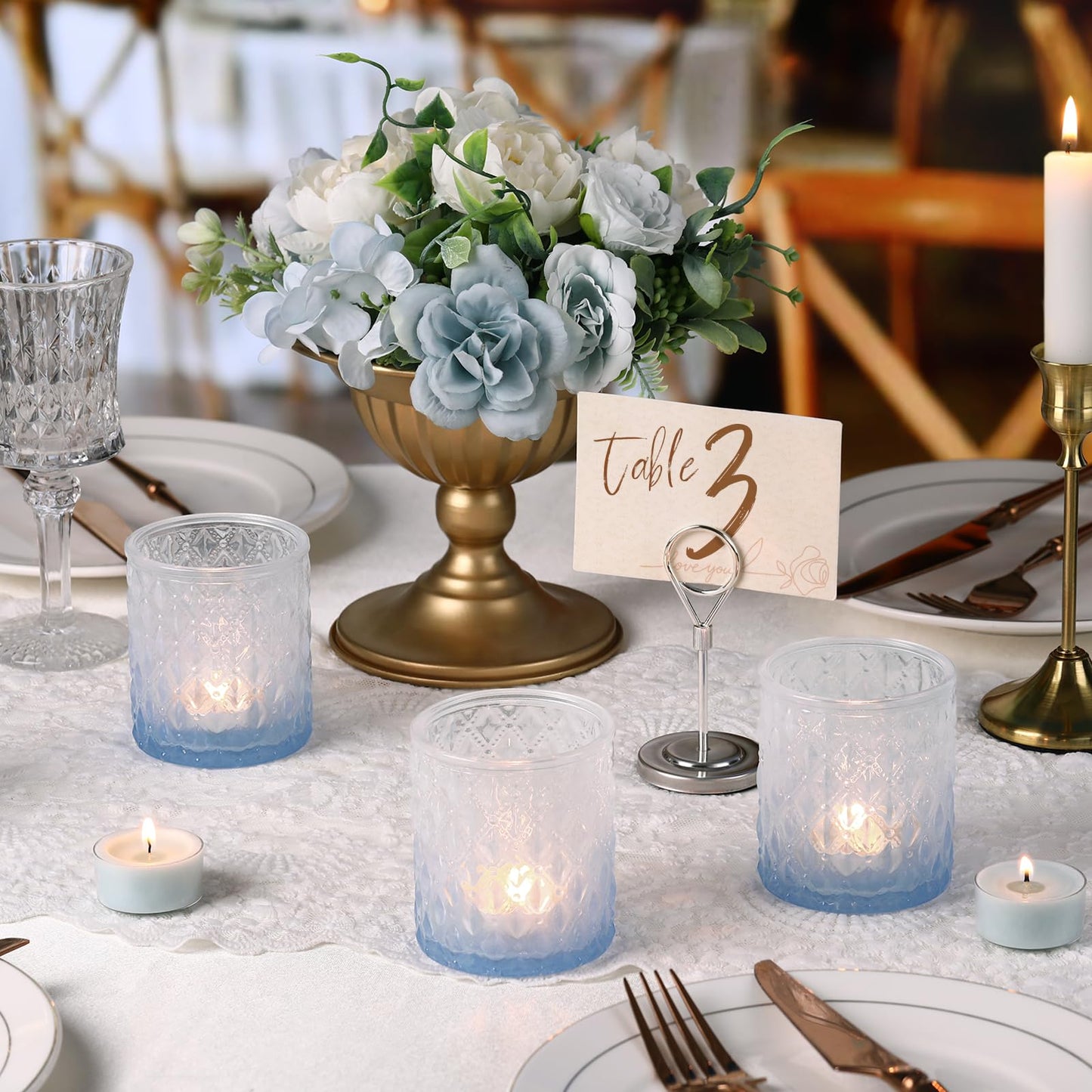 6 Pcs Blue Gradient Votive Candle Holders Glass Tea Light Candles Holder Light Blue Ombre Large Candle Holders for Bridal Shower, Wedding Table Centerpiece, Birthday Party Home Decor