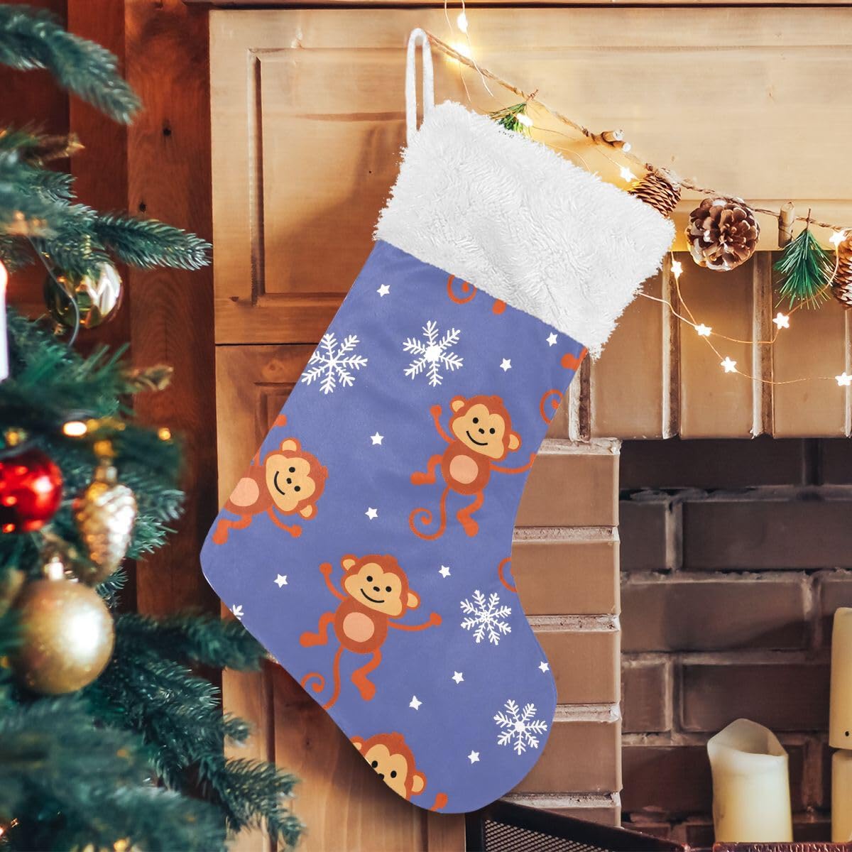 Christmas Stockings, 18 inches Burlap with Plush Faux Fur Cuff Stockings Symbol of A Monkey Family Holiday Xmas Party Decorations