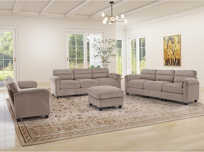HAOMARKETS Corduroy Sofa Set, Upholstered Ottoman, Modern Loveseat and 3-Seater