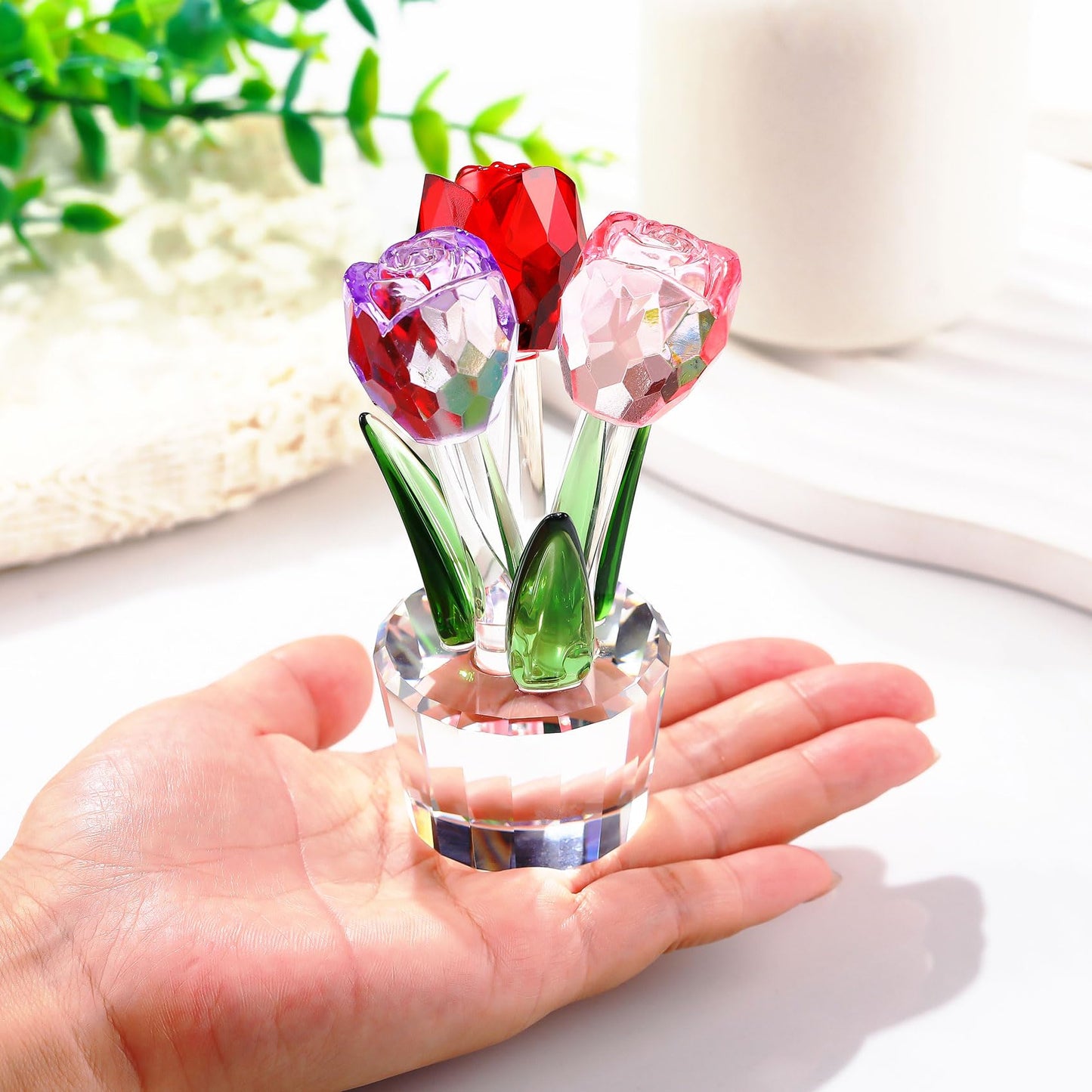 Ornalrist Elegant Crystal Colourful Rose Bouquet Gift for Women Mom Glass Flower Figurine Collectible Floral Decor for Valentine's Day Anniversary Mother's Day Birthday