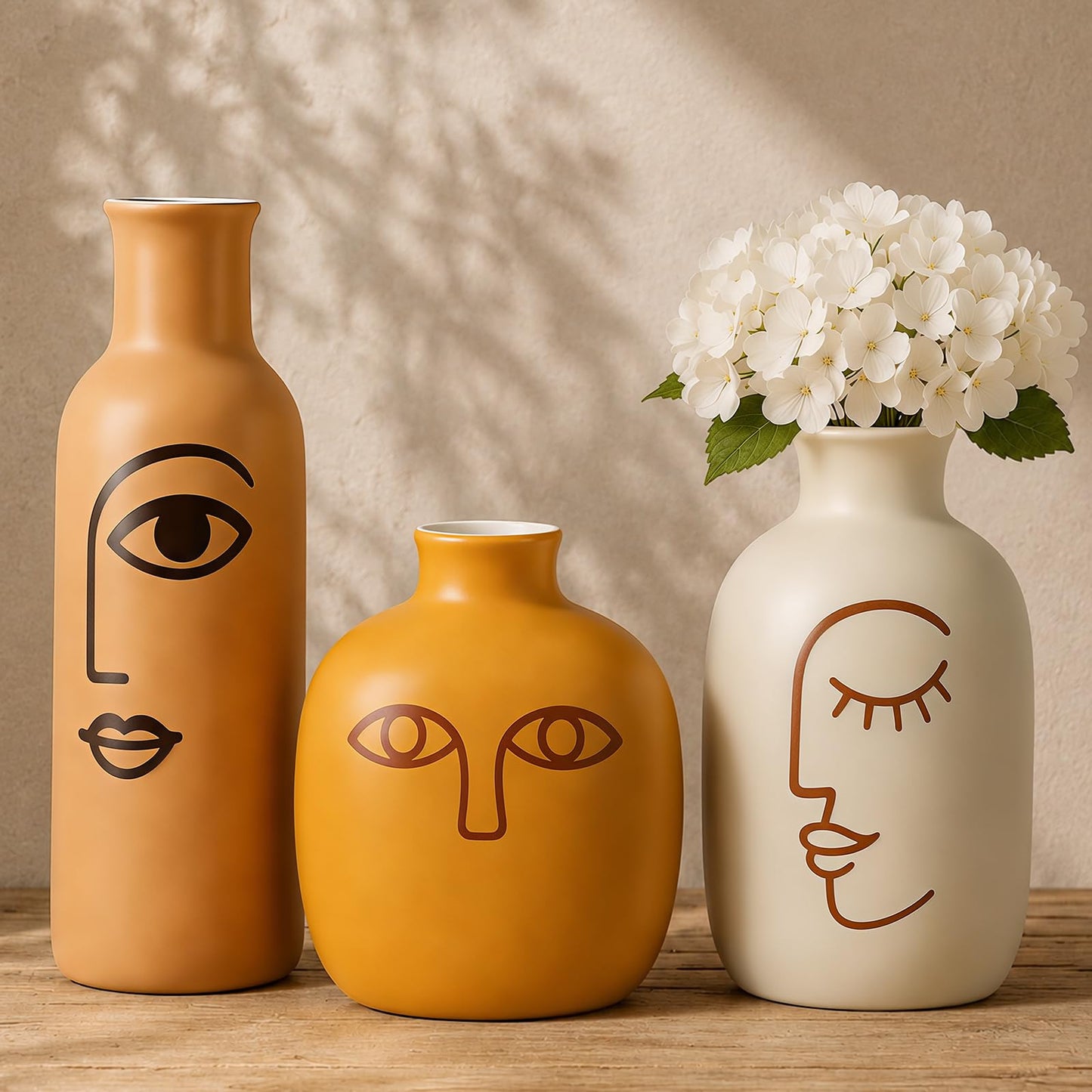 Abstract Face Ceramic Vases Set of 3, Modern Boho Matte Ceramic Vase Set for Home Decor, Rustic Farmhouse Decorative Flower Vases for Shelf, Coffee Table, Mantel and Entryway