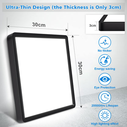 Defurhome LED Ceiling Light,24W 2200LM,150W Equivalent,5000K Daylight White,Waterproof IP54,Flush Square Modern Ceiling Light for Bathroom,Bedroom,Kitchen,Porch,Living Room,30cm(Black)