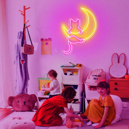 Anime Cat & Moon Neon Sign, Personalized Neon Signs for Wall Decor, LED Night Lights Home Decor Lights Backdrop LED Light up Signs for Game Room Sign Wall Art Arcade Decor, Bedroom, Living Room, Bars,