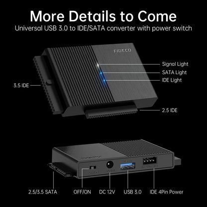 FIDECO IDE and SATA Adapter, USB 3.0 Hard Drive Adapter, External SATA and IDE Converter for 2.5 and 3.5 inches HDD or SSD, CD-ROM, CD-RW, DVD-RW Drives