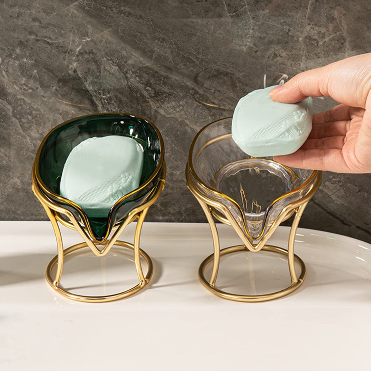 Plcnn Bar Soap Holder Self Draining Soap Dish, Decorative Bathroom Soap Tray with Gold Iron Frame Creative Soap Box for Bathroom, Kitchen Sink Home Gift