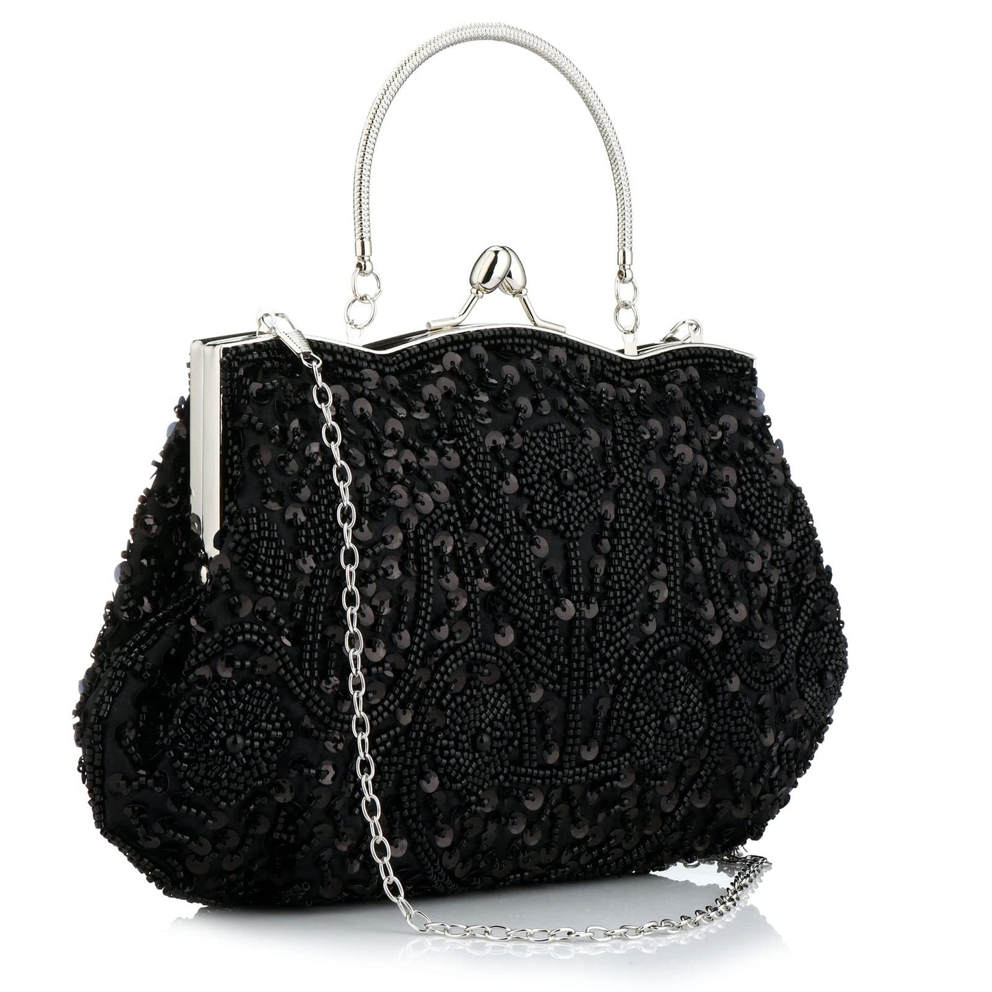 Collection Antique Floral Seed Bead Sequin Soft Clutch Evening Bag Designer Purse Large Clutch Handbag (Black)(Size: One Size)