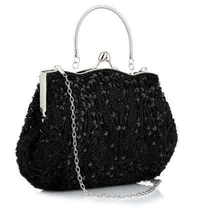 Collection Antique Floral Seed Bead Sequin Soft Clutch Evening Bag Designer Purse Large Clutch Handbag (Black)(Size: One Size)