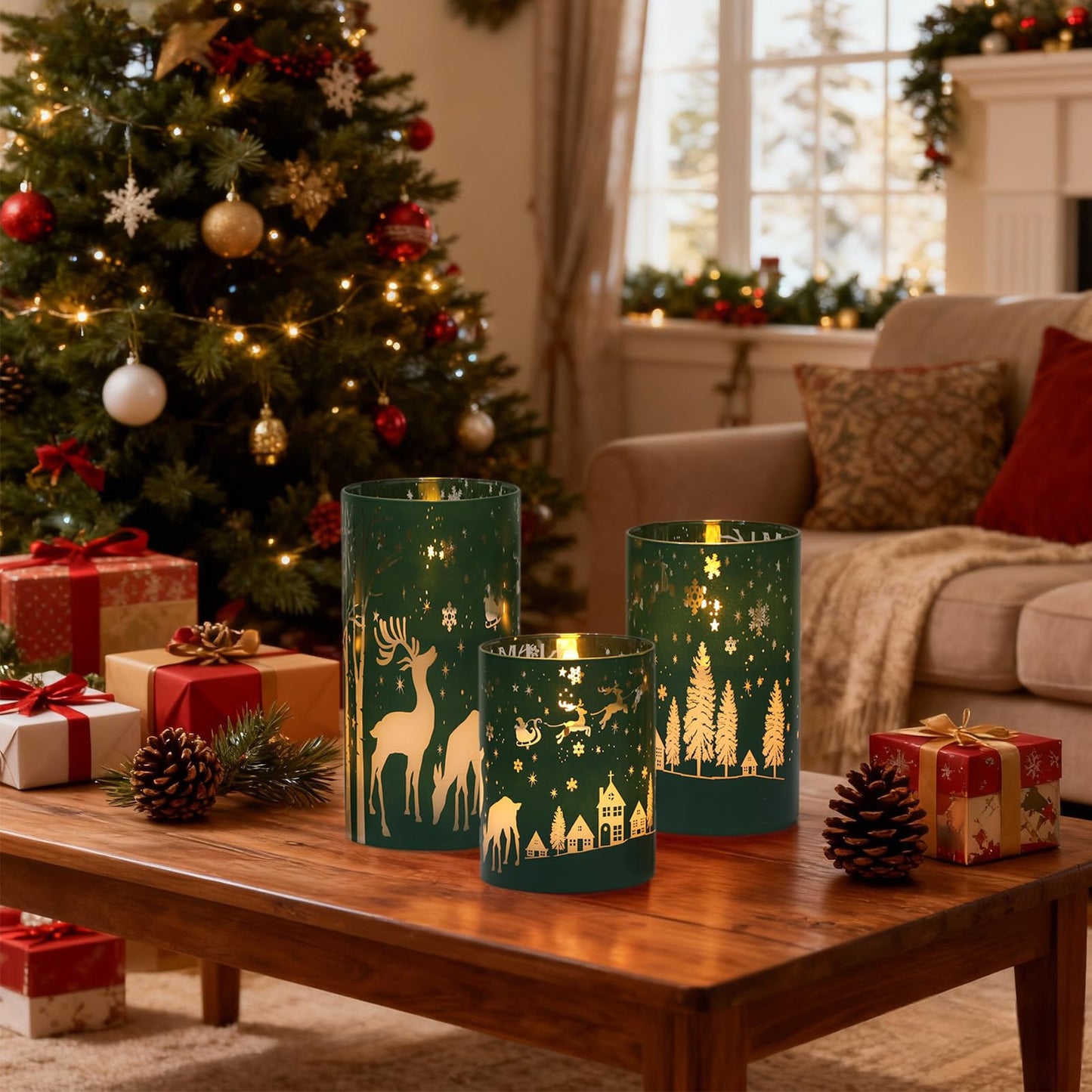 Wondise Christmas Reindeer LED Flameless Candles with Remote Timer, Electroplate Glass Battery Operated Real Wax Flickering 3D Wick Pillar Candles for Christmas Holiday Home Decoration