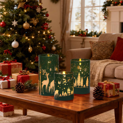 Wondise Christmas Reindeer LED Flameless Candles with Remote Timer, Electroplate Glass Battery Operated Real Wax Flickering 3D Wick Pillar Candles for Christmas Holiday Home Decoration