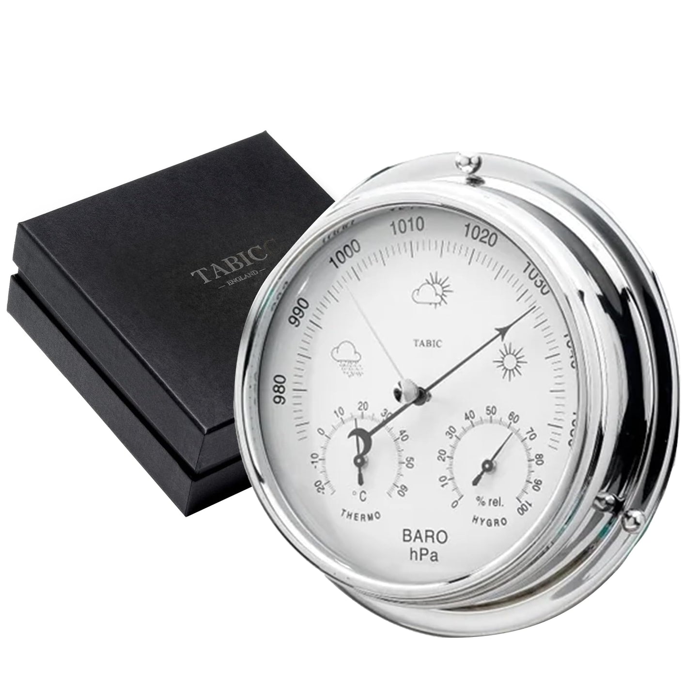 Tabic Chrome Barometer with Built-in Hygrometer &Thermometer - Analog Weather Station for Home & Outdoor Use - Handmade in England - Heavy Chrome Plated Brass Case (1/2kg), 6in x 2in