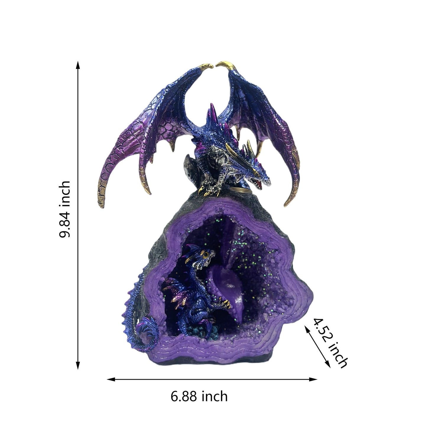 Nature's Mark 9.84-Inch Purple Dragon on Geode Figurine - Metallic Iridescent Guardian Dragon with Baby Hatchling in Crystal Cave - Fantasy Mythical Decor Statue for Home or Office