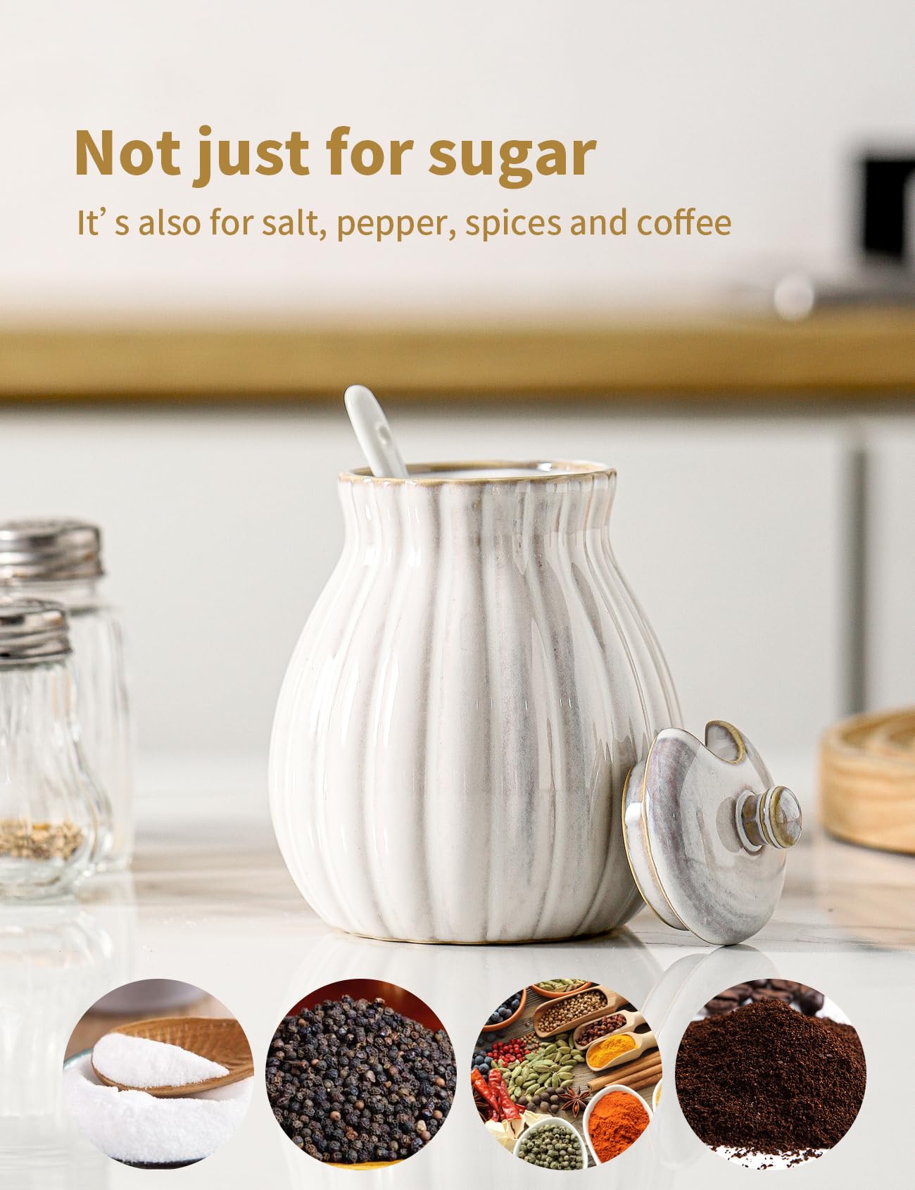 Seyatoo Sugar Bowl with Lid and Spoon, Ceramic Sugar Container for Coffee Bar, Sugar Jar Holder Sugar Dispenser Bowl for Sea Salt, Spice and Sugar, Glazed White