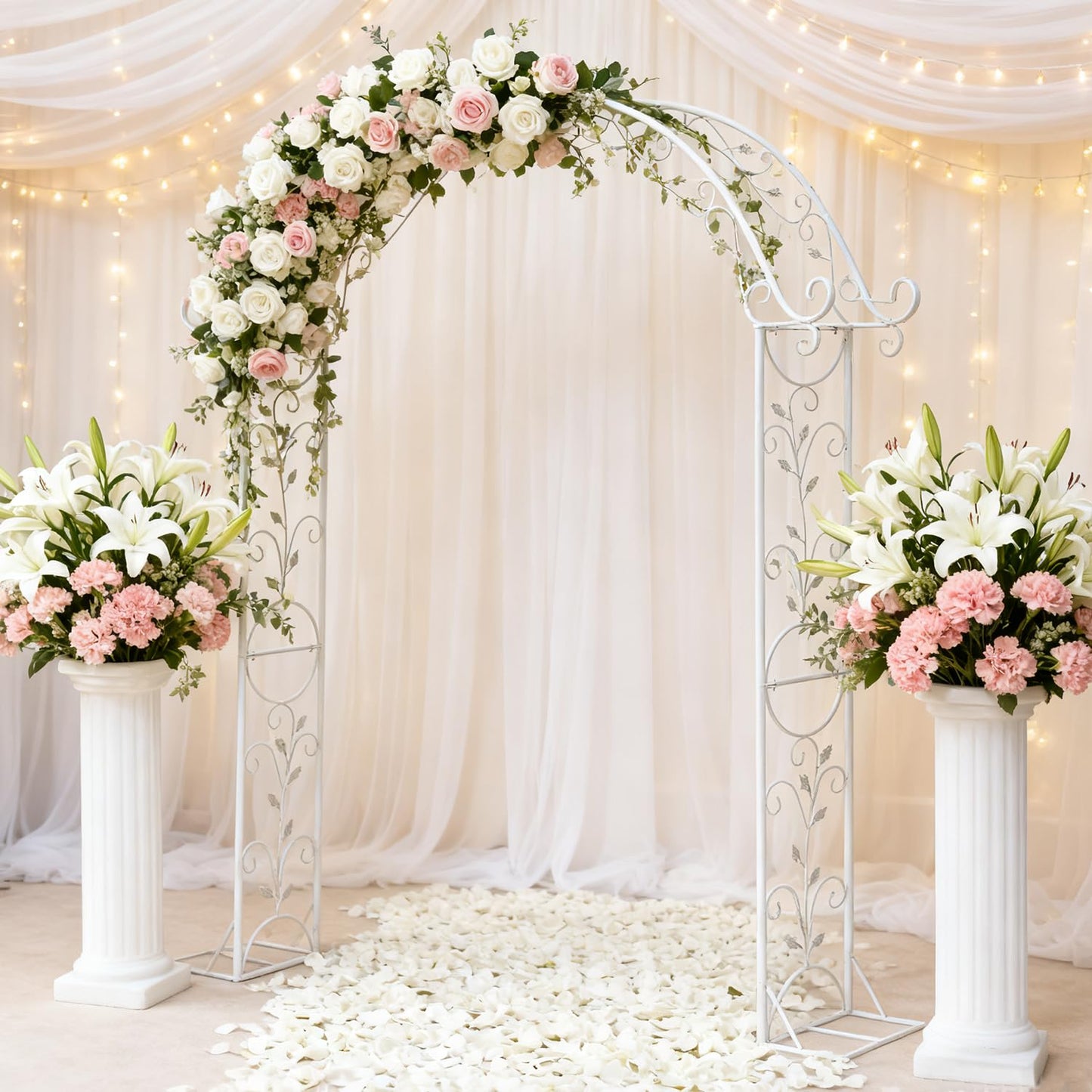 Sungmor Metal Garden Arbor, 92.5" High x 11.8" Wide Outdoor Garden Arch Trellis, Elegant White Archway for Wedding Party Event, Climbing Plants and Vine Flowers Support, Lawn Patio Yard Decoration