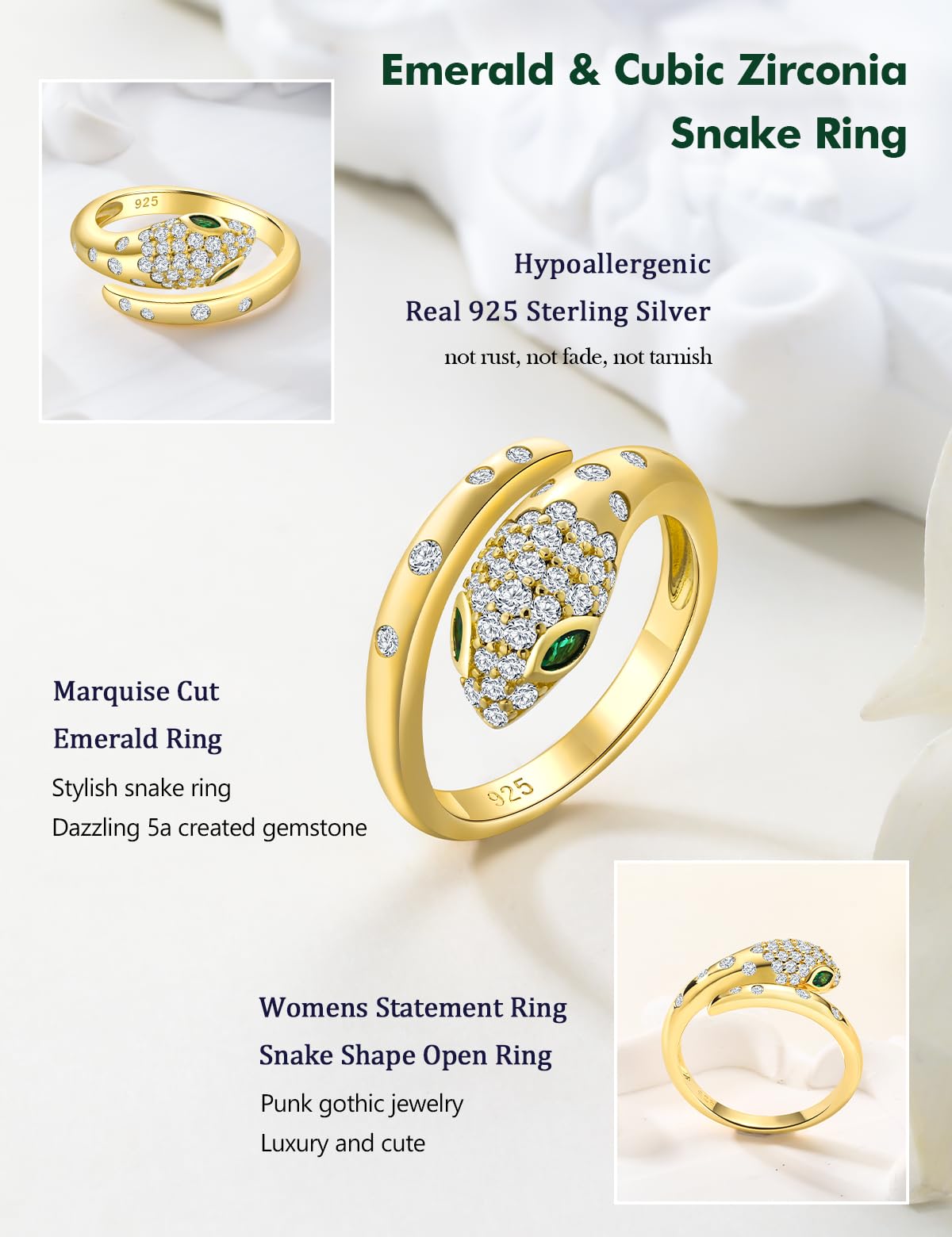 RANDES Snake Rings for Women Gothic Jewelry 925 Sterling Silver Adjudtable Statement Cocktail Ring Emerald Cz Yellow Gold Plated Ring Size 8