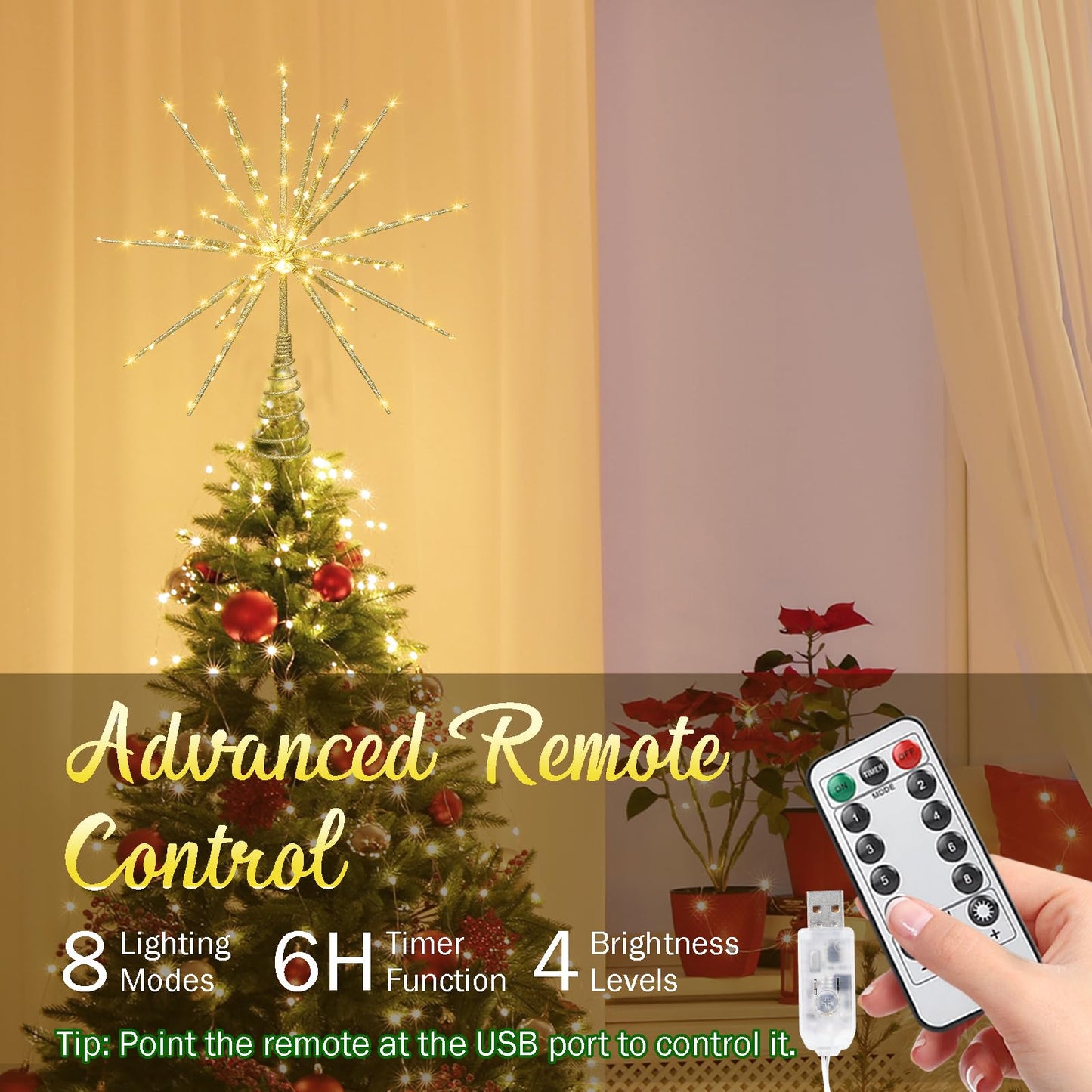 Obralitic 15 Inch Christmas Tree Star Topper with 150 LED Timer Lights & Remote, 19-Point USB Powered Lighted Gold Starburst Star Tree Topper for Indoor Holiday Party Xmas Tree Decor