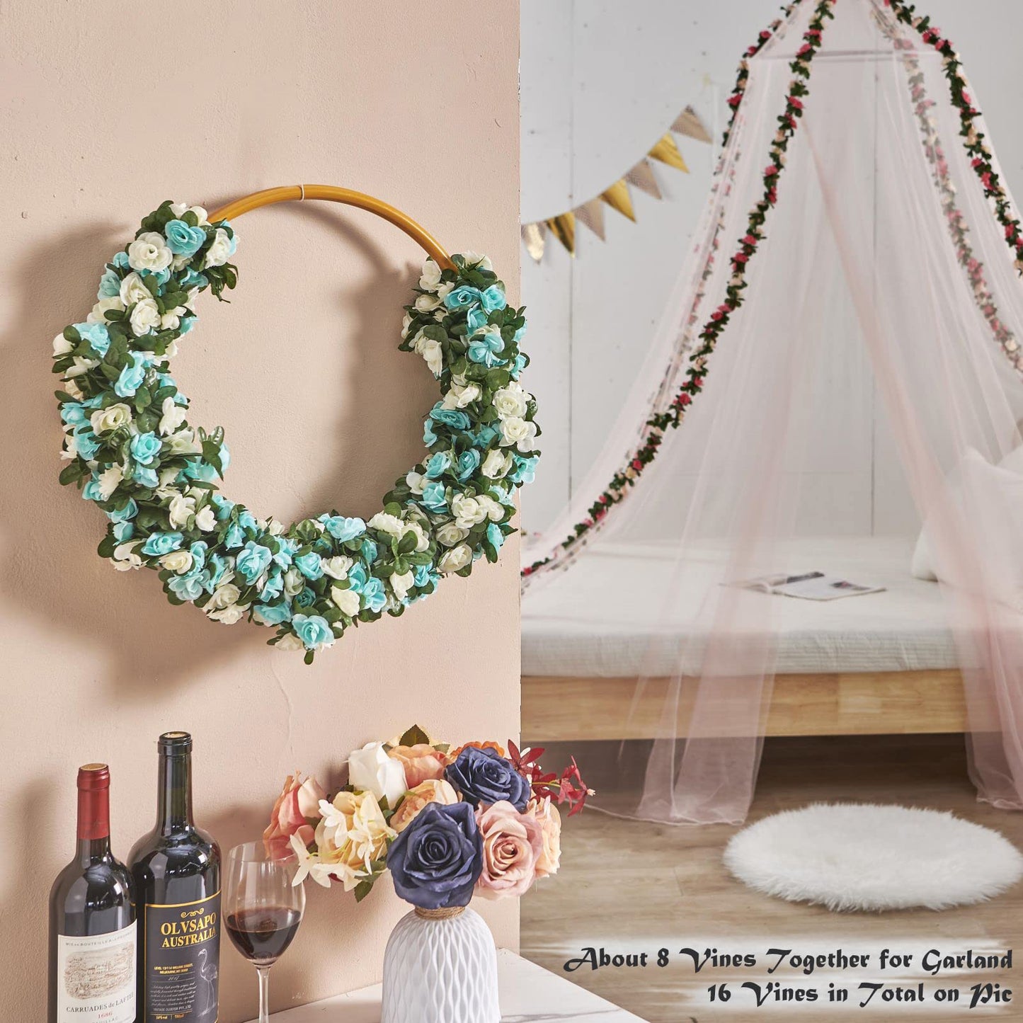 PONKING 8 Pcs x 8.2 ft Flower Garland Artificial Rose Vine Flowers with Green Leaves Hanging Fake Roses Vine for Room Party Home Wedding Birthday Christmas Wall Arch Decor, White Blue Flower