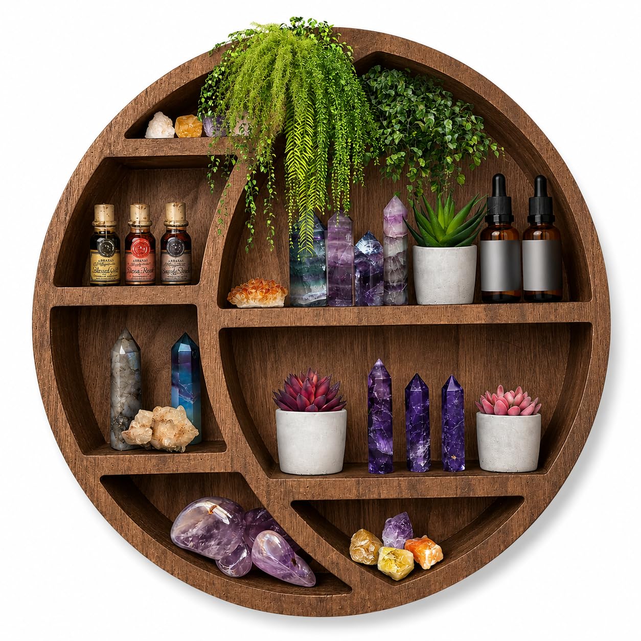 Nimpro Wooden Crescent Moon Shelf — Boho Wall Decor Crystal Display Shelf for Bedroom, Dorm & Nursery | Crystal Holder for Essential Oils, Witchy & Moon Phase Decor | 14x14x3.5 | Paulownia Wood