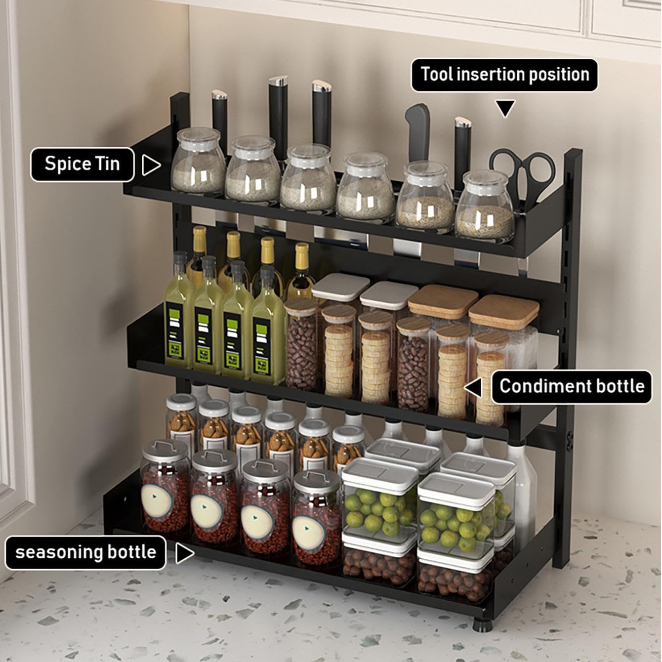 3-Tier Spice Rack Organizer with Knife Holder, Black Metal Counter Storage Shelf, 15.75x15.5x6.69 Inch, Adjustable Height, Detachable Design
