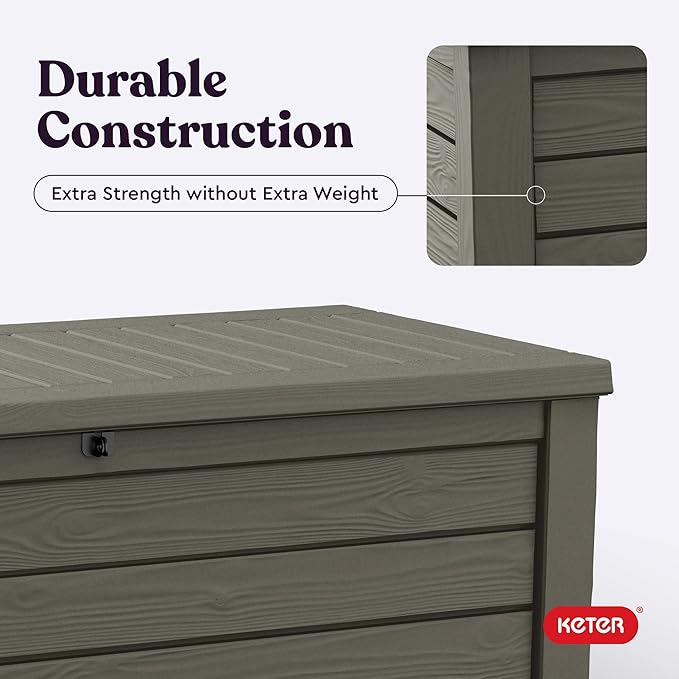 Keter Westwood 150 Gallon Resin Large Outdoor Storage Box for Patio Furniture, Outdoor Cushions, Garden Tools and Pool Floats, Taupe