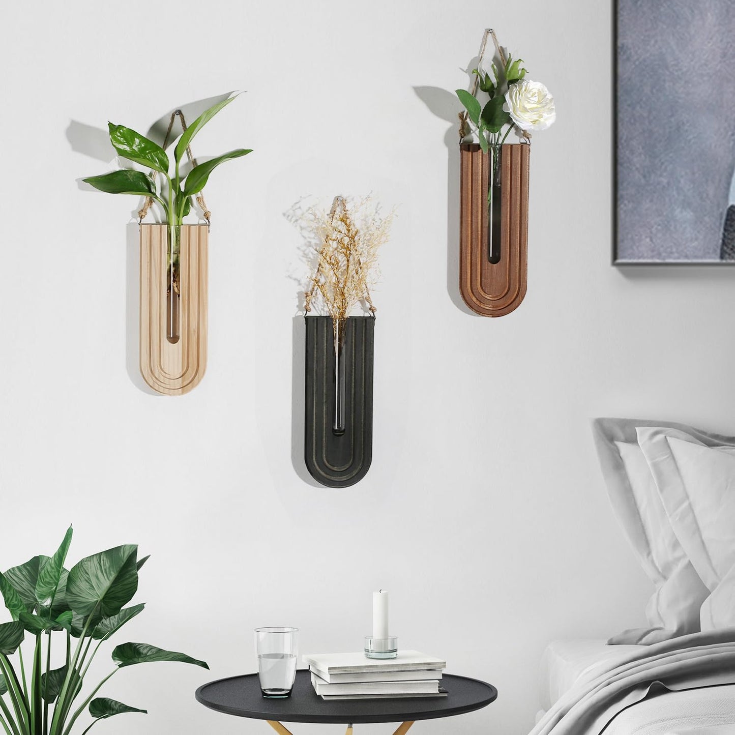 Dnnnii Indoor Wood Wall Planter Set of 3 for Plants - Boho Handmade Hanging Propagation Station with Curved Rainbow Design, Wall Mounted Vase for Flowers, Natural Home Decor Living Room Entryway