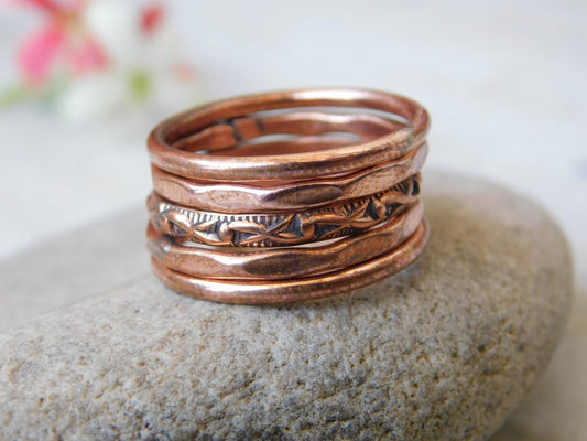 Set of 5 Hand Pure Copper Rings. Made with 100% Pure Raw Untreated Copper. Helps Reduce Finger Joint Pain and Swelling. Tibetan Healing Medicine Ring Set. (US-4.5)