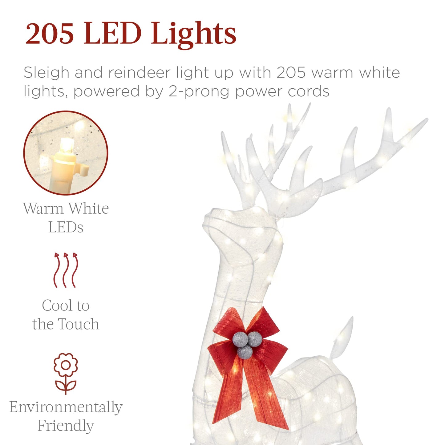 Best Choice Products Lighted Christmas 4ft Reindeer & Sleigh Holiday Outdoor Yard Decoration Set w/ 205 LED Lights, Stakes, Zip Ties - White