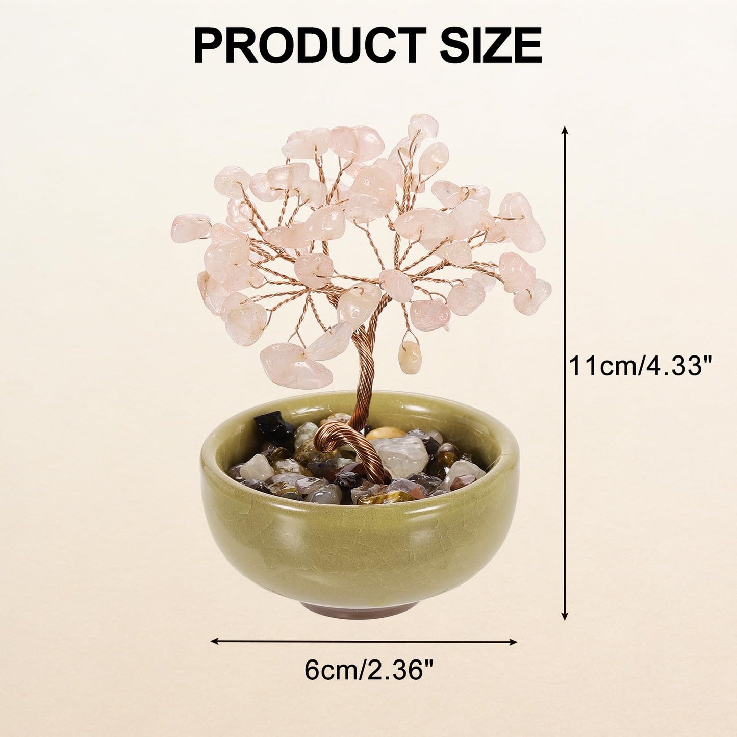 MECCANIXITY 7 Chakra Crystal Tree of Life, Natural Rose Crystal Gemstone Tree Handmade Feng Shui Bonsai with Agate Base for Positive Energy, Good Luck, Home Office Decor (4x2.4Inch Pink)