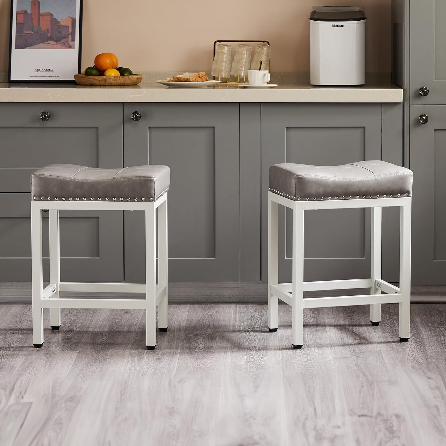 Sweetcrispy 24 inch Bar Stools Set of 2, Upholstered Modern Counter Height Bar Stools for Kitchen Island Modern PU Leather Sadless Stools Chair with Metal Base and Footrest, Grey