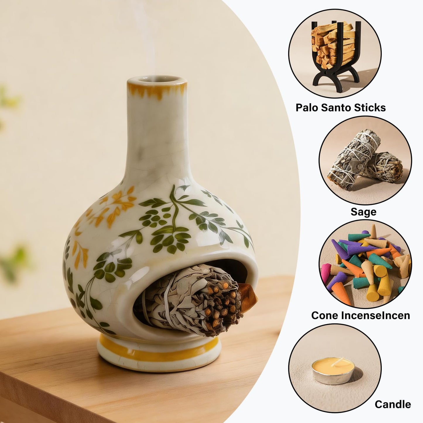 MOUGIGI Palo Santo Burner with Chimney-Unique Ceramic Incense Holder for Sage and Cones-Retro Ice Crackle Design-Perfect for Meditation,Yoga, Home Decor-Ideal Gift for Aromatherapy Lovers