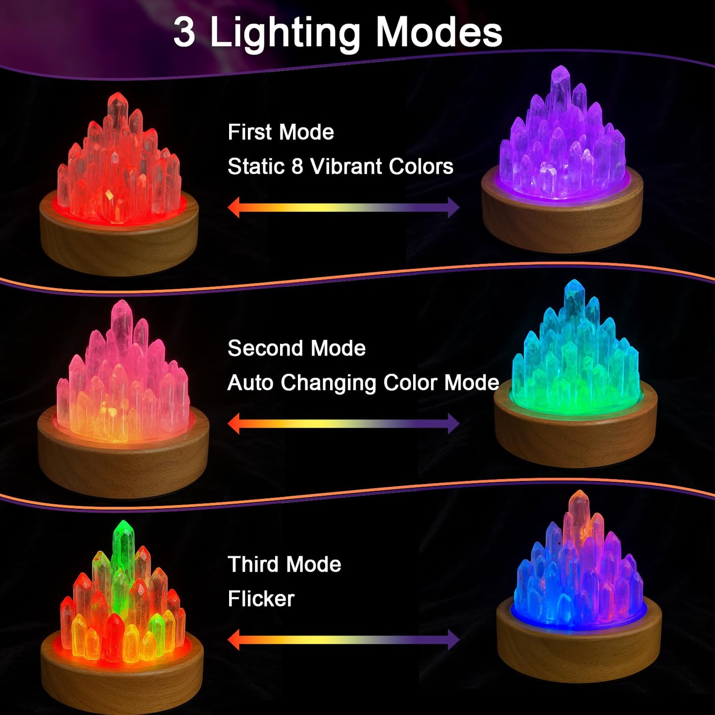 Healing Crystals Lamp with Wooden Light Base, Clear Quartz Night Lamp, Natural Healing Crystal Atmosphere Lamp, 8 Colours Dimming Mode Bedroom Lamp Suitable Night Light for Office Home Christmas Decor