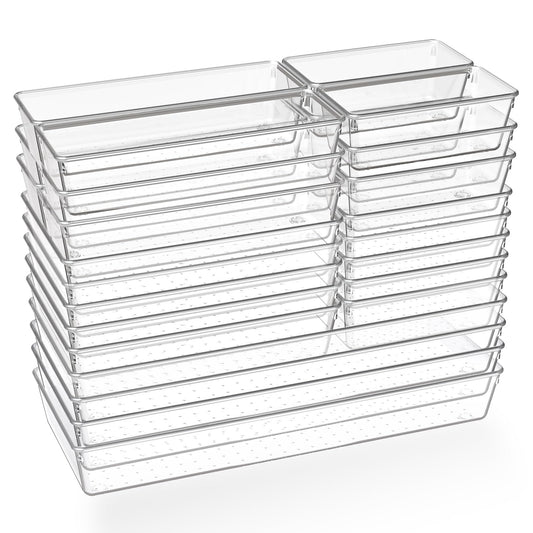 Criusia 26 Pack Large Clear Plastic Drawer Organizer Bins -5 Size Heavy Duty Acrylic Kitchen Drawer Organizers and Storage for Utensils -Bathroom Drawer Organizer Trays for Makeup Office Organization