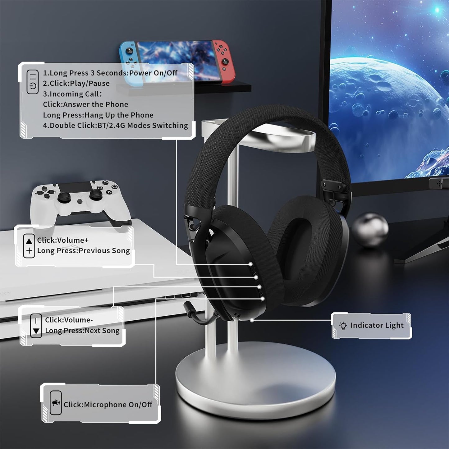 ZIYOU LANG L80 Wireless Gaming Headset Ultralight Over Ear with 2.4Ghz USB C&A Dongle/Bluetooth 5.3/3.5mm Wired Detachable Mic Stereo Sound 600mAh Battery for PC Mac PS4 PS5 Switch Win Gamer(Black)