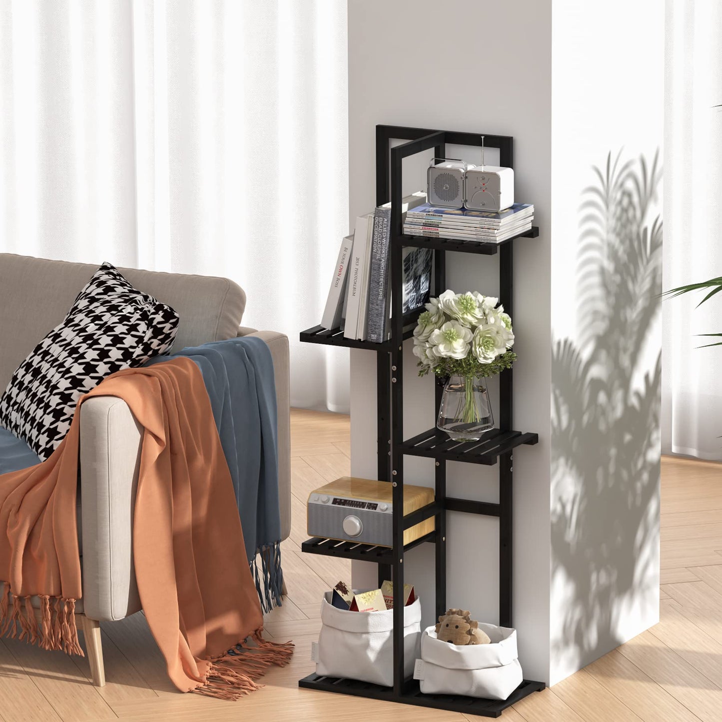 Laiensia 5 Tier Bamboo Plant Stand Rack 6 Potted Multiple Flower Pot Holder Shelf, Indoor&Outdoor Planter Display Shelves for Patio Garden, Living Room, Corner Balcony and Bedroom,Black