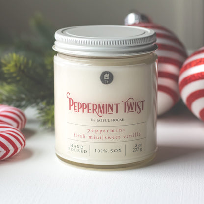 Jarful House Christmas Candle Peppermint Twist | Strong Holiday Home Fragrance | Housewarming Gift 8 oz.