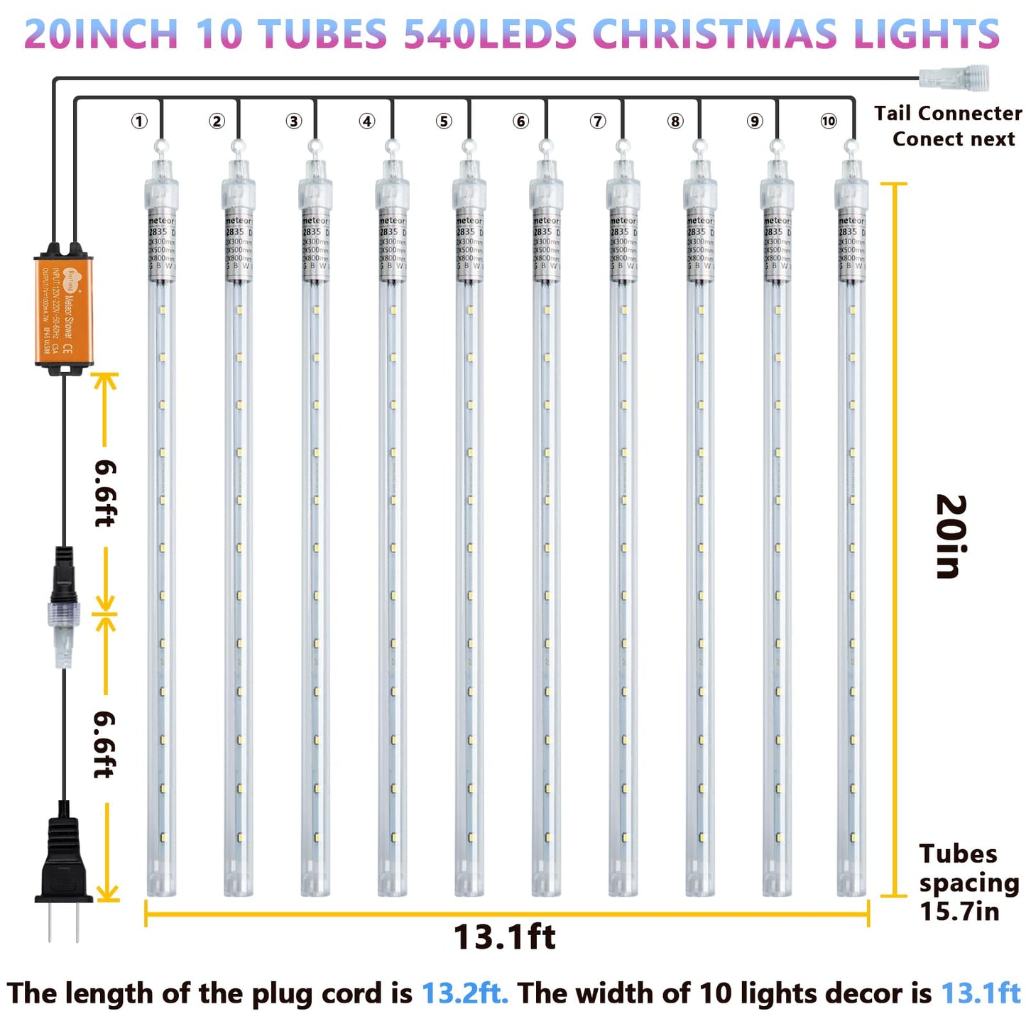 Roytong Purple Meteor Shower Lights, 10 Tube 540 LED 20 Inch Icicle Raindrop Lights for Halloween Tree Patio Garden Roof Eaves Outdoor Decor, Waterproof Plug (Can Connect 100 Sets)